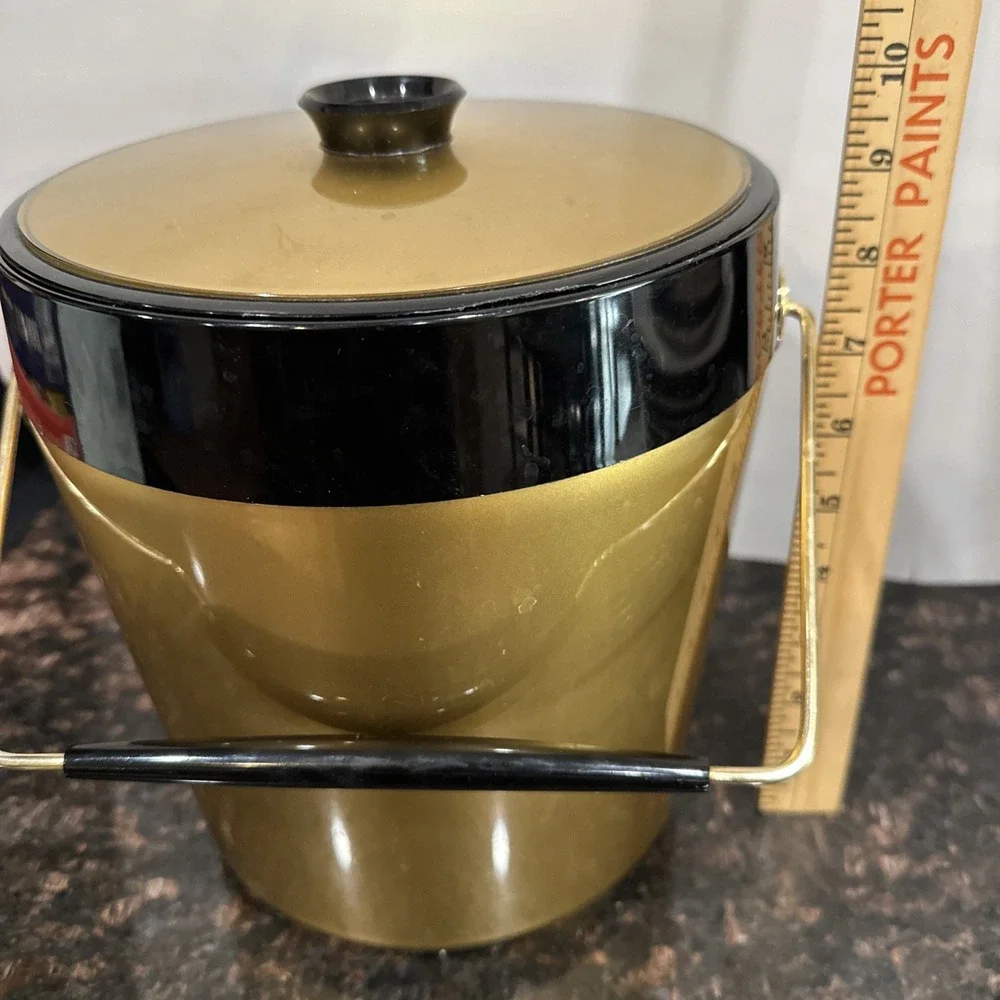 Vintage ice Bucket West Bend Thermo Serv Atomic Gold Black Mid-Century Barware